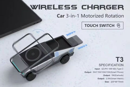 Cybertruck-Inspired 3-in-1 Wireless Charger & Stand for All Cars