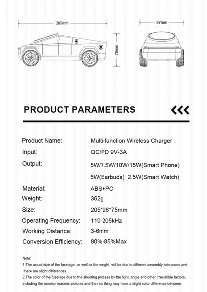 Cybertruck-Inspired 3-in-1 Wireless Charger & Stand for All Cars