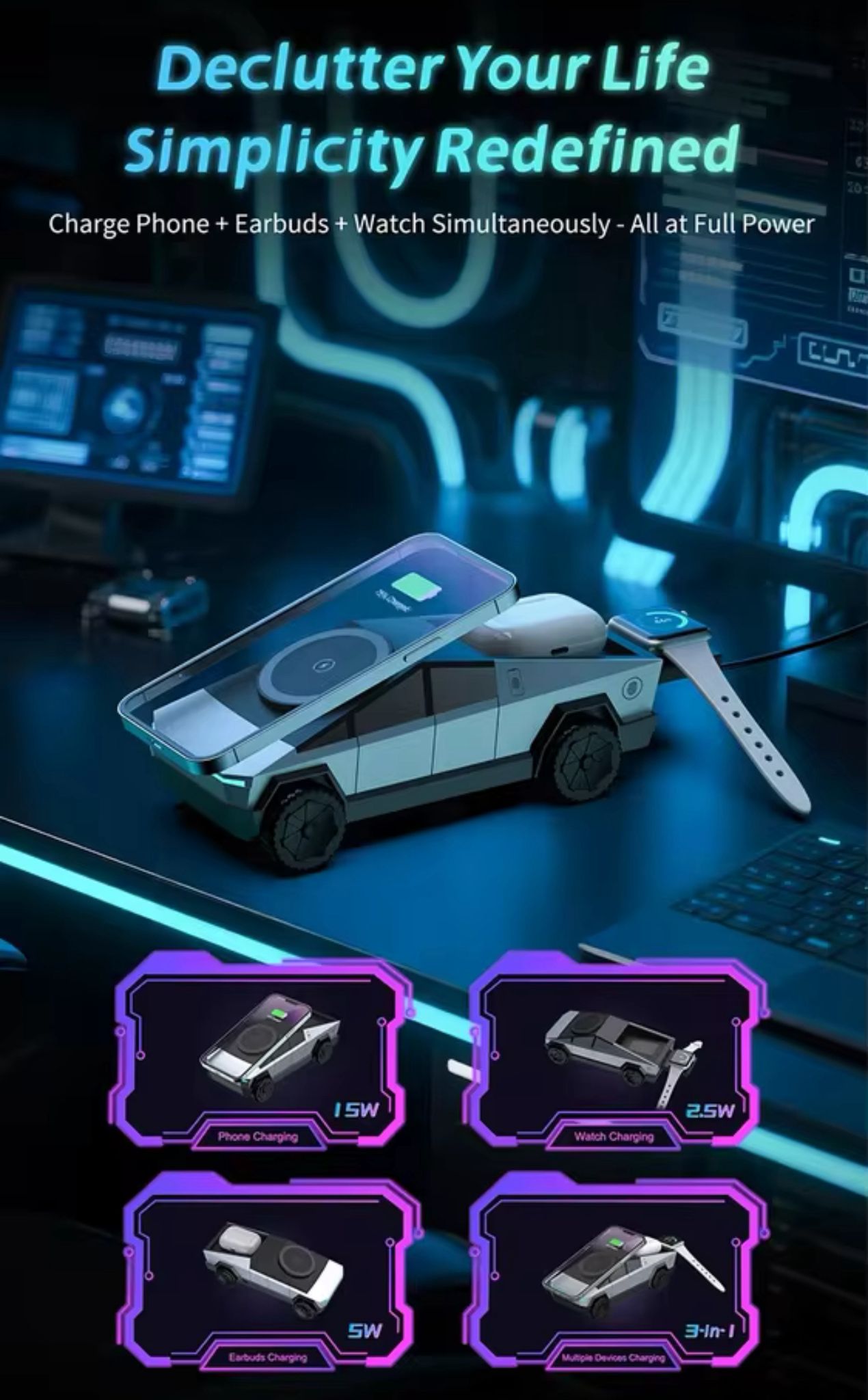 Cybertruck-Inspired 3-in-1 Wireless Charger & Stand for All Cars