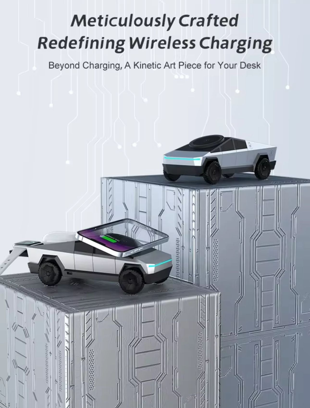 Cybertruck-Inspired 3-in-1 Wireless Charger & Stand for All Cars