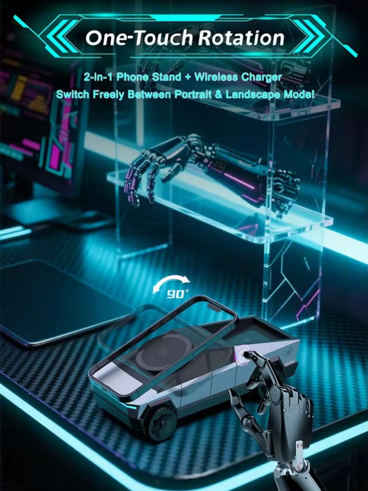 Cybertruck-Inspired 3-in-1 Wireless Charger & Stand for All Cars