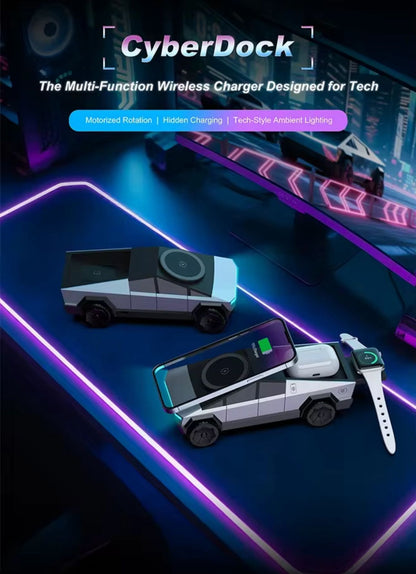 Cybertruck-Inspired 3-in-1 Wireless Charger & Stand for All Cars