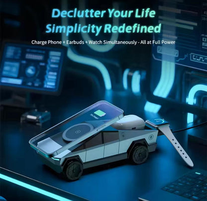 Cybertruck-Inspired 3-in-1 Wireless Charger & Stand for All Cars